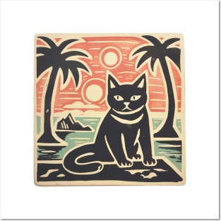 Black Cat Lino Cut Hawaiian Sunset Posters and Art